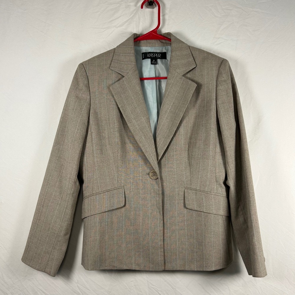 Kasper Blazer Women 8P Taupe Pinstripe Shoulder Pads Petite